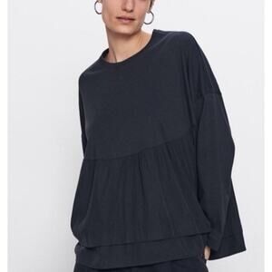 Zara Small Black Babydoll Long Sleeve Top Boxy Fit Minimalist Lagenlook Goth